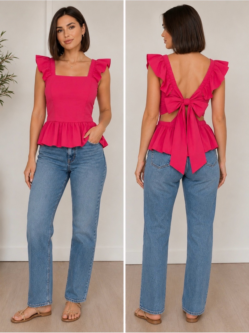 Ruffled Open-Back Crop Top Pink with Back Tie. Size M. NWOT